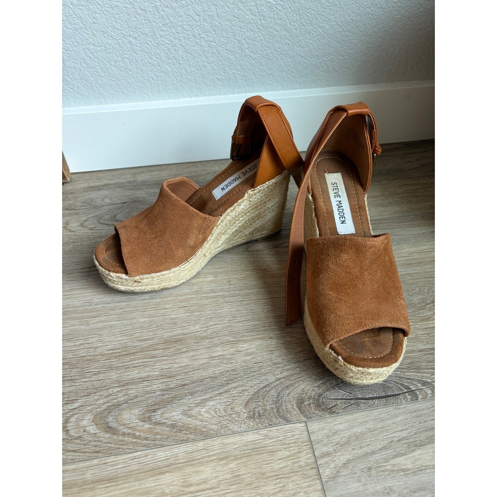 Steve Madden Womens Cognac Brown Suede Espadrille Wedge Sandals Size 6.5M